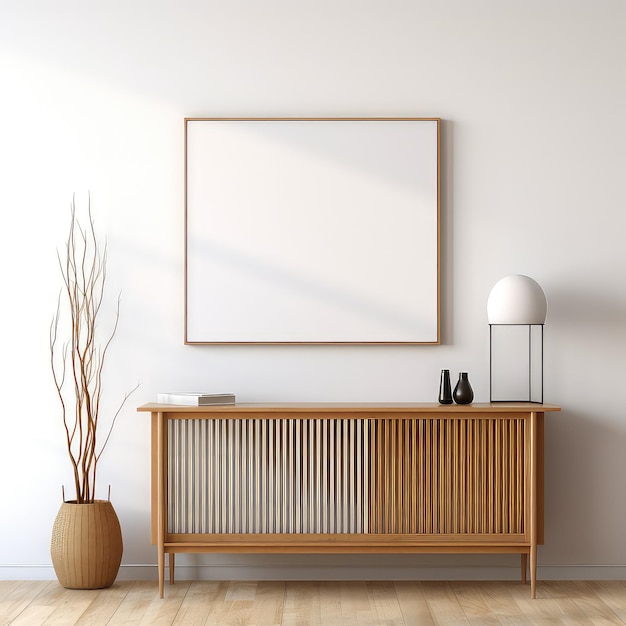 Moldura minimalista e console de madeira com iluminação de silhueta