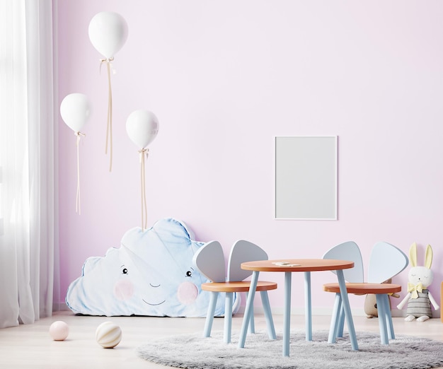moldura mock-up na sala de crianças interior em tons rosa claro com crianças mesa e cadeiras brinquedos macios e balões renderização 3D