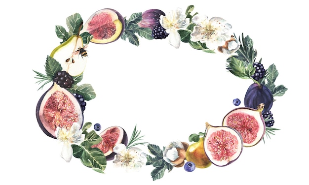 Moldura oval de frutas e bagas em um fundo branco Ilustração pintada à mão em aquarela