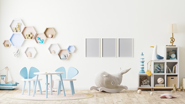 Moldura para fotos no interior de uma sala de jogos infantil com brinquedos, móveis infantis, mesa com cadeiras, prateleiras, renderização em 3D