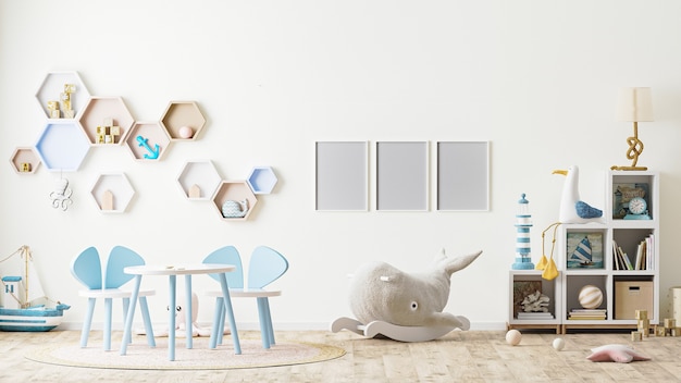 Moldura para fotos no interior de uma sala de jogos infantil com brinquedos, móveis infantis, mesa com cadeiras, prateleiras, renderização em 3d