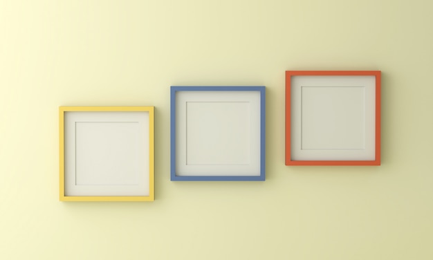 Moldura para retrato azul e laranja amarela em branco para inserir texto ou imagem dentro na luz - parede de cor amarela.