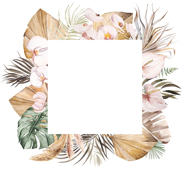 Moldura quadrada boêmia em aquarela com flores tropicais e de algodão, folhas de palmeira secas e ilustração de grama dos pampas com espaço de cópia isolado. elemento bege para design de casamento, cartões de felicitações, artesanato