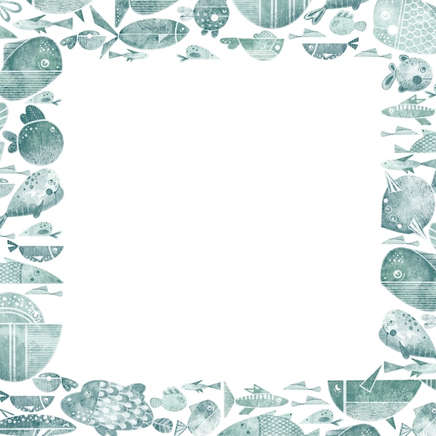 Moldura quadrada com ilustrações de estilo cartoon plana de peixes doodle isolado no fundo branco