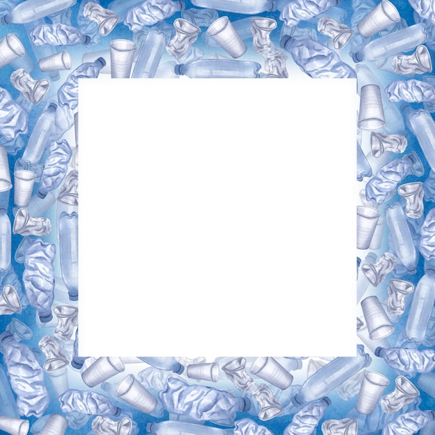 Foto moldura quadrada com lixo plástico garrafas e copos transparentes azuis descartáveis desenhados à mão ilustração aquarela fundo isolado para design ecologia cartazes proteção ambiental dia da terra