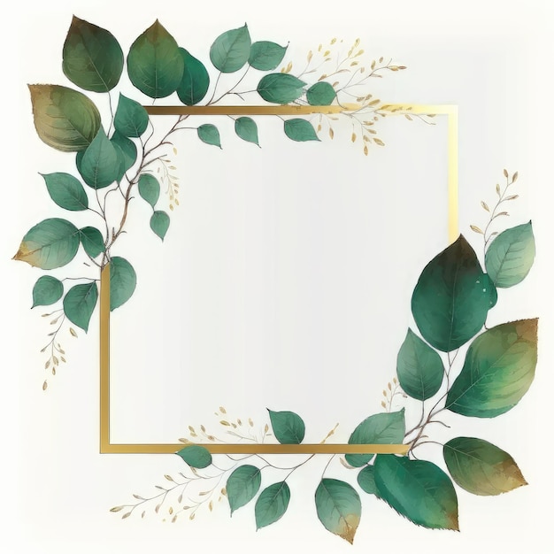 Moldura quadrada de folhas verdes e douradas com pintura em aquarela