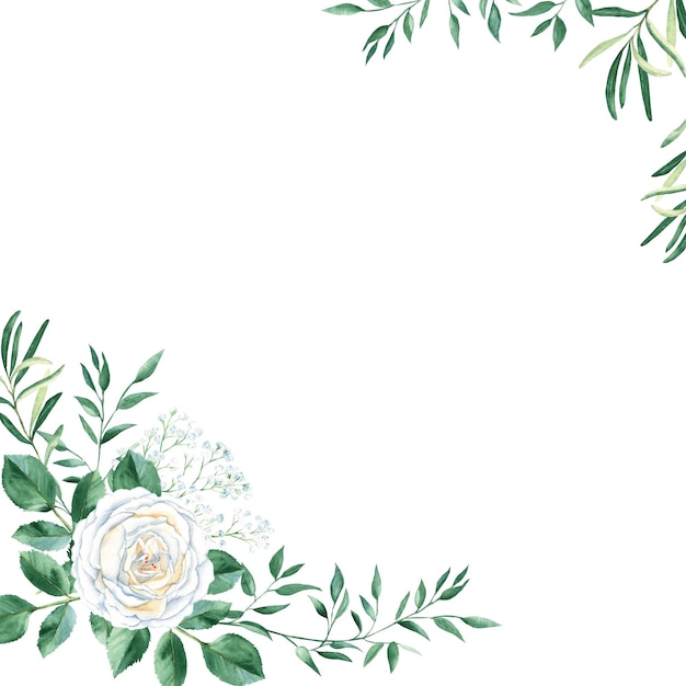Foto moldura quadrada em aquarela com rosas brancas gypsophila e vegetação rústica ilustração desenhada à mão