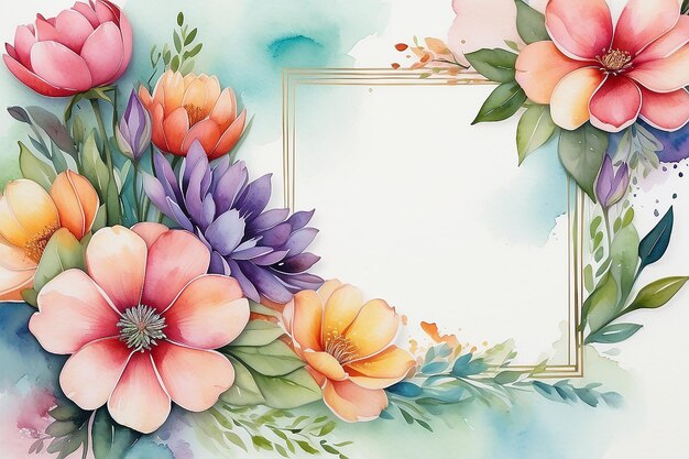 Moldura quadrada plana com pétalas de flores em fundo de primavera aquarela