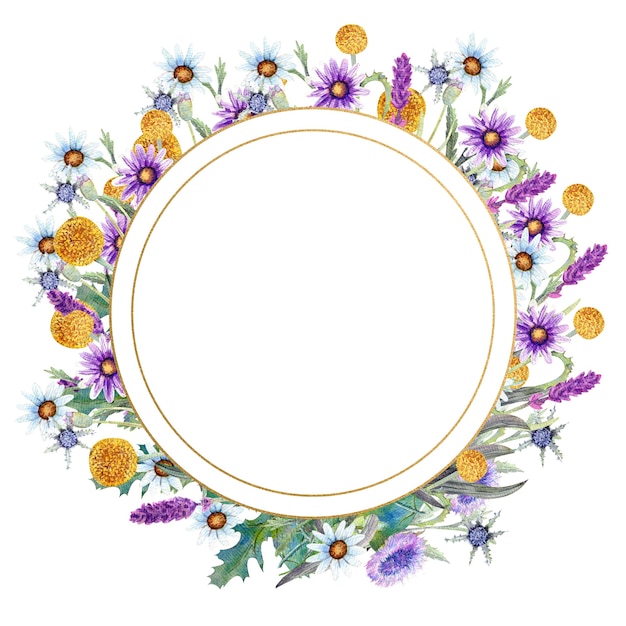 Moldura redonda com aquarela flores silvestres