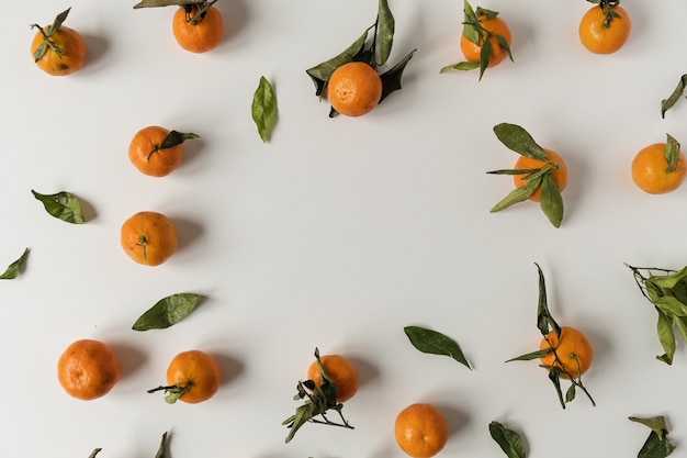 Foto moldura redonda com espaço de cópia feito de laranjas cruas, frutos de tangerina com padrão de folhas verdes em branco