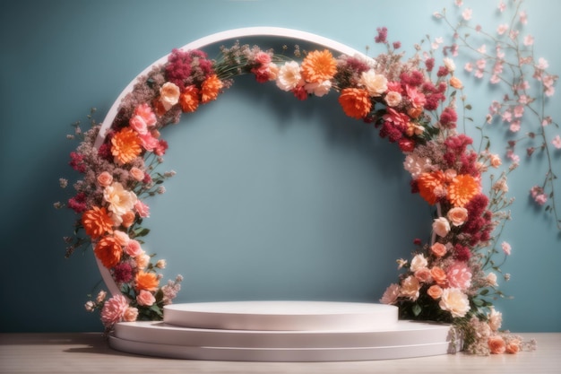 moldura redonda com fundo de estúdio de apresentação de flores ai generativo