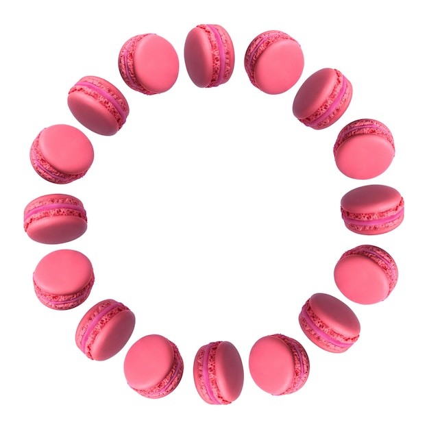 Moldura redonda de bolos de macarons franceses rosa isolados no fundo branco