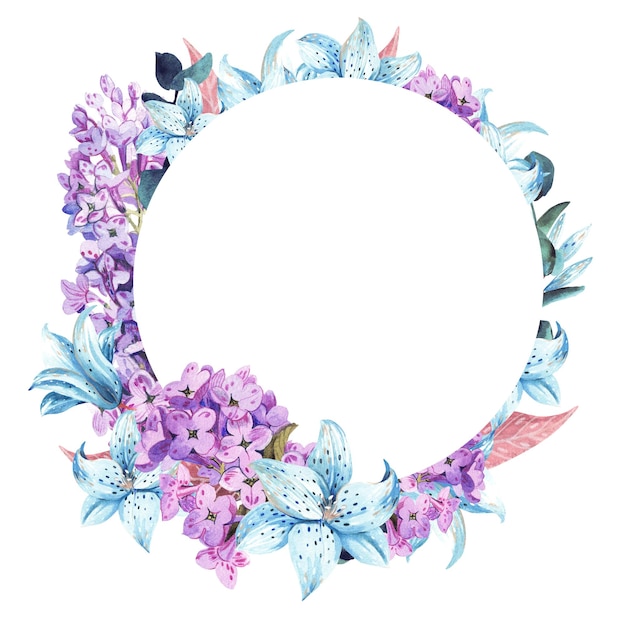 Moldura redonda de flores da primavera em um fundo branco Decoração de cartão de casamento em aquarela Design de cartão de convite Elemento de padrão floral