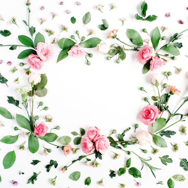 Foto moldura redonda feita de rosas rosa e bege