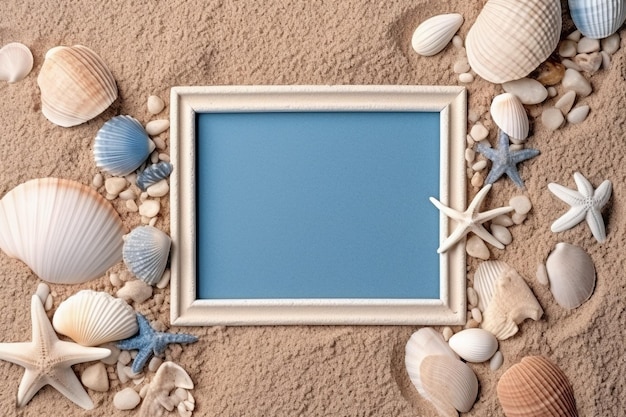 Moldura retangular azul e conchas na praia