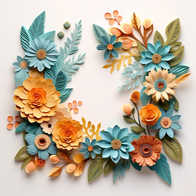Moldura seccionada de flores realistas em 3D e arranjos de elementos de flores com folha