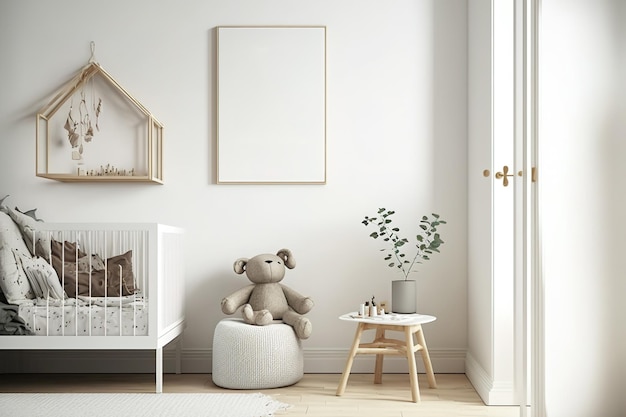 Moldura simulada em um quarto infantil branco confortável de estilo escandinavo