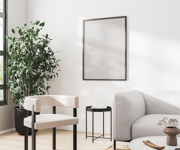 Moldura simulada na parede branca na renderização 3d do interior da sala de estar moderna