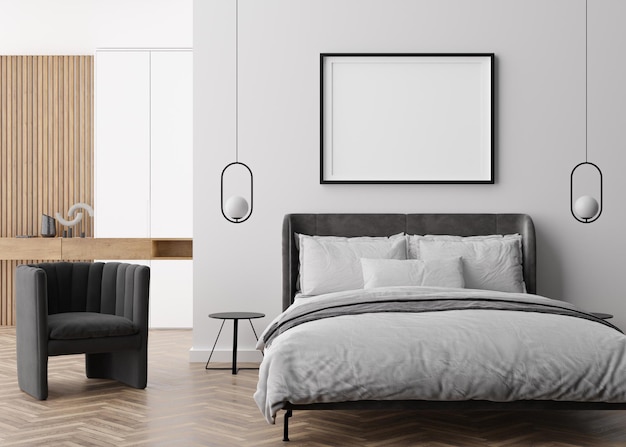 Moldura vazia na parede branca no quarto moderno mock up interior em estilo contemporâneo espaço de cópia grátis para o seu cartaz de imagem lâmpadas de cama renderização em 3d