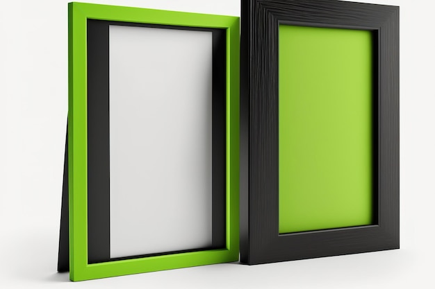 Foto moldura vertical verde limão a3 e a4 sem uma imagem dentro isolada em um suporte preto um ângulo de visão