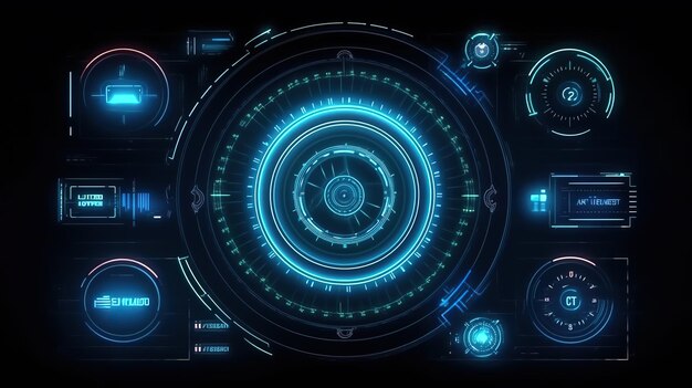 Molduras e bordas redondas do HUD controle de mira e interface digital HudGUI para design de plano de fundo do jogo Fundo de tecnologia Dados digitais Generative AI