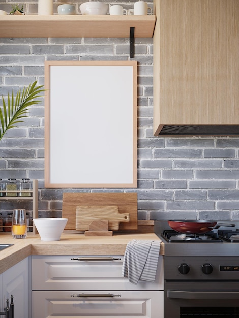 Molduras para fotos simuladas na renderização 3d do interior da cozinha