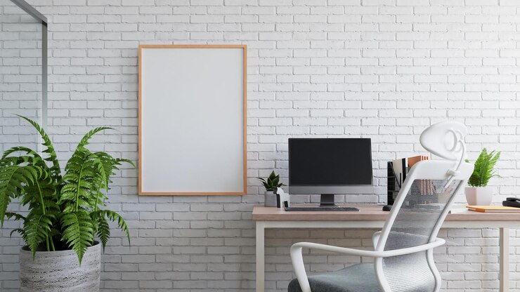 Molduras para fotos simuladas na renderização 3d interior da mesa de escritório