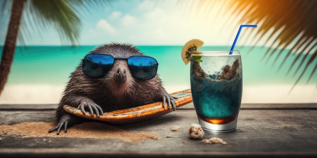 Mole ist im Sommerurlaub im Badeort und entspannt am Sommerstrand