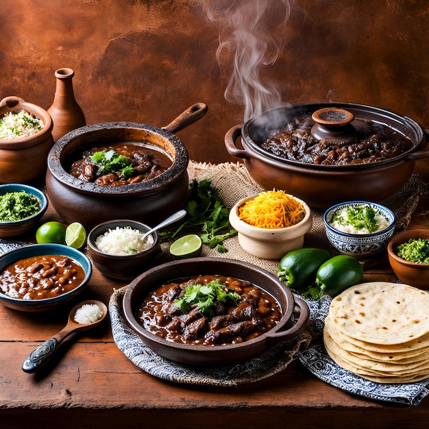 Mole Poblano Familienmahlzeit Dampfpot flauschige Reis-Tortillas für ein traditionelles Fest