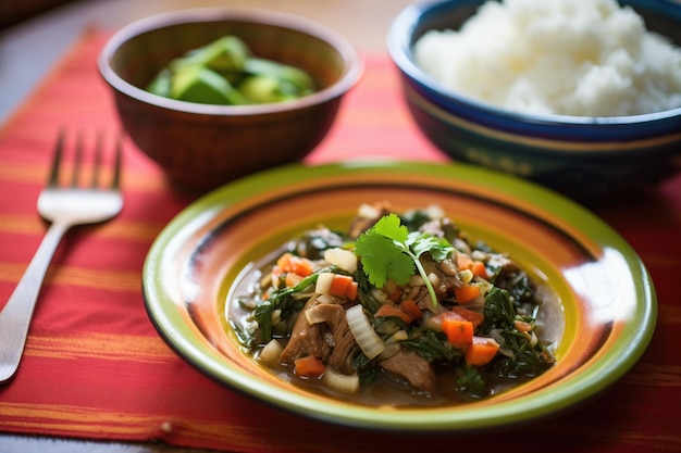 Mole poblano con guarnición de arroz en plato