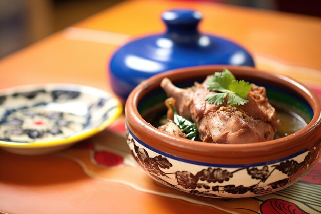 Foto mole poblano in terrakottaschüssel mit hühnchenstück