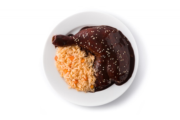 Mole Poblano tradicional con plato de arroz