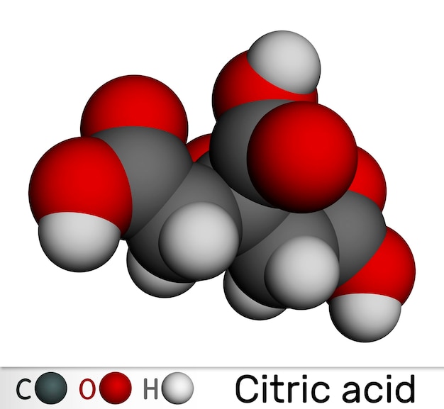 Foto molécula de ácido cítrico modelo molecular en 3d