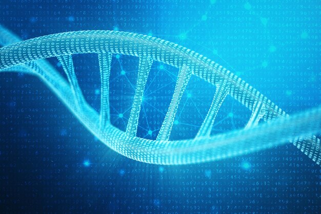 Molécula de ADN de inteligencia artificial. Concepto genoma de código binario. Ciencia de la tecnología abstracta, concepto de ADN artificial. Ilustración 3D