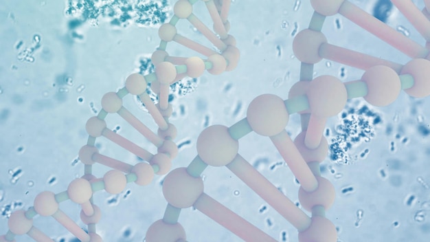 Molécula de ADN sobre un fondo azul con productos químicos Telón de fondo de biología