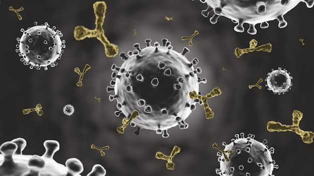 Molécula de coronavirus y anticuerpo de inyección de vacuna antiviral. Fondo de viñeta oscura. Vista microscópica de la célula del virus. Representación 3D.