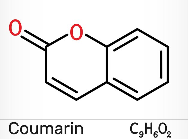 Molécula de cumarina C9H6O2 Fórmula química del esqueleto