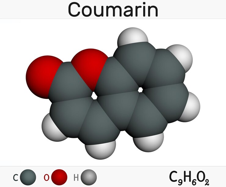 Foto molécula de cumarina c9h6o2 modelo molecular