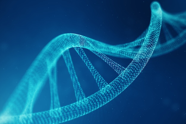 Molécula de DNA de inteligência artificial. O DNA é convertido em um código binário. Genoma de código binário do conceito. Ciência da tecnologia abstrata, Dna artificial conceitual. ilustração 3D