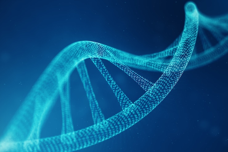 Foto molécula de dna de inteligência artificial. o dna é convertido em um código binário. genoma de código binário do conceito. ciência da tecnologia abstrata, dna artificial conceitual. ilustração 3d