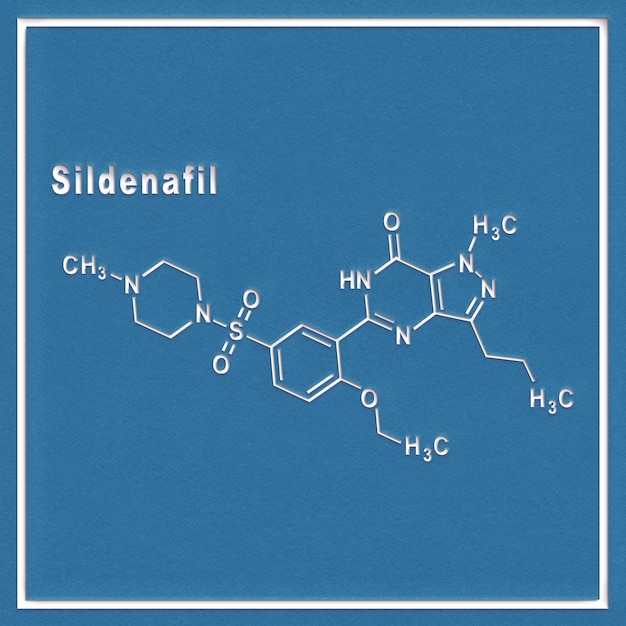 Molécula de droga para disfunção erétil Sildenafil Fórmula química estrutural em um fundo branco