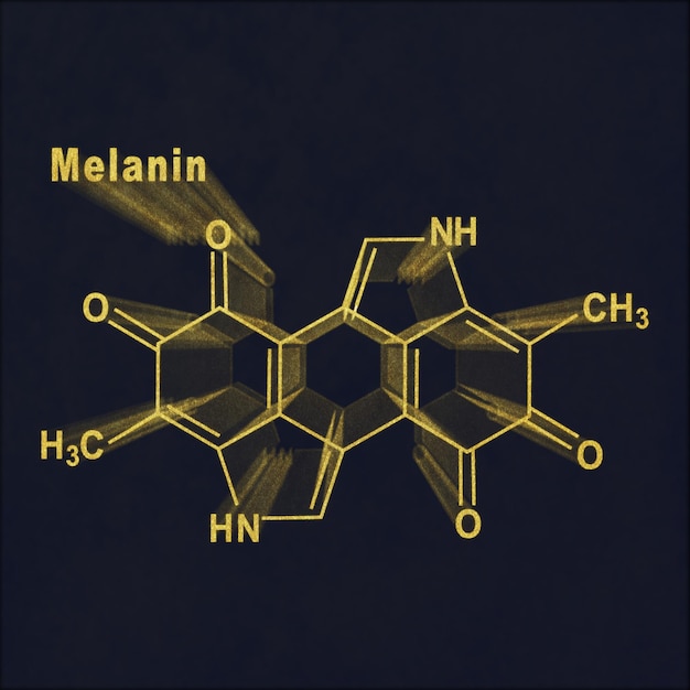 Molécula de melanina, ouro de fórmula química estrutural em fundo escuro