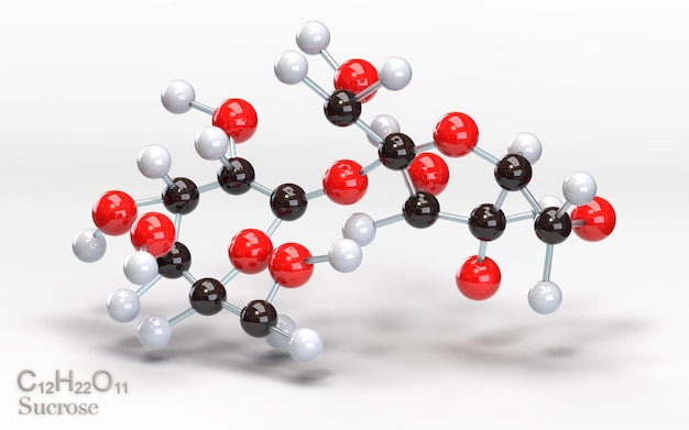 Molécula de sacarose C12H22O11 com átomos de carbono, hidrogênio e oxigênio renderização em 3D