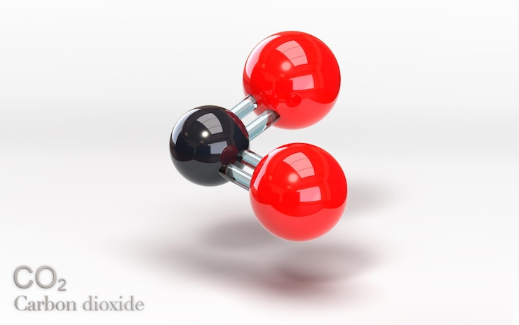 Foto molécula de dióxido de carbono co2 con oxígeno y átomos de carbono 3d rendering