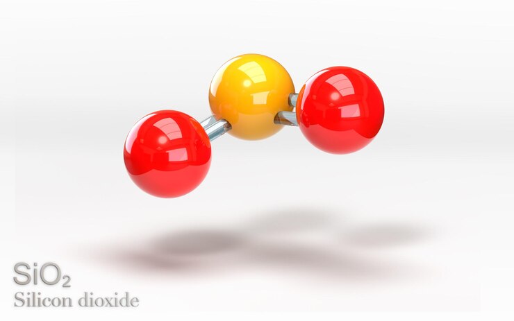 Foto molécula de dióxido de silicio sio2 con átomos de sodio, silicio y oxígeno 3d rendering