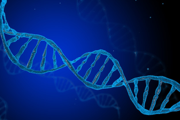 Molécula de estructura de moléculas de ADN 3D sobre fondo azul. Concepto de ciencia y tecnología