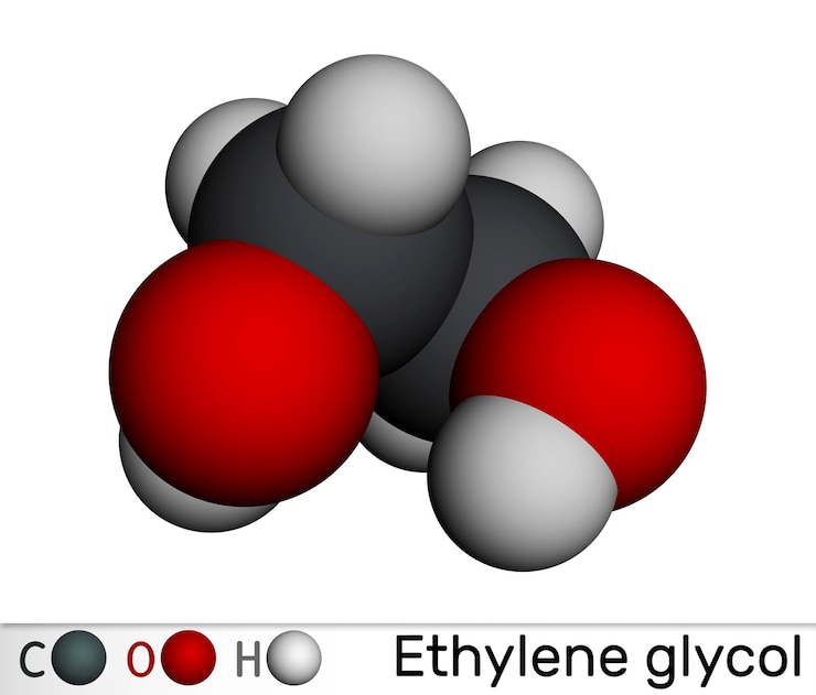 Foto molécula de etileno glicol diol modelo molecular en 3d
