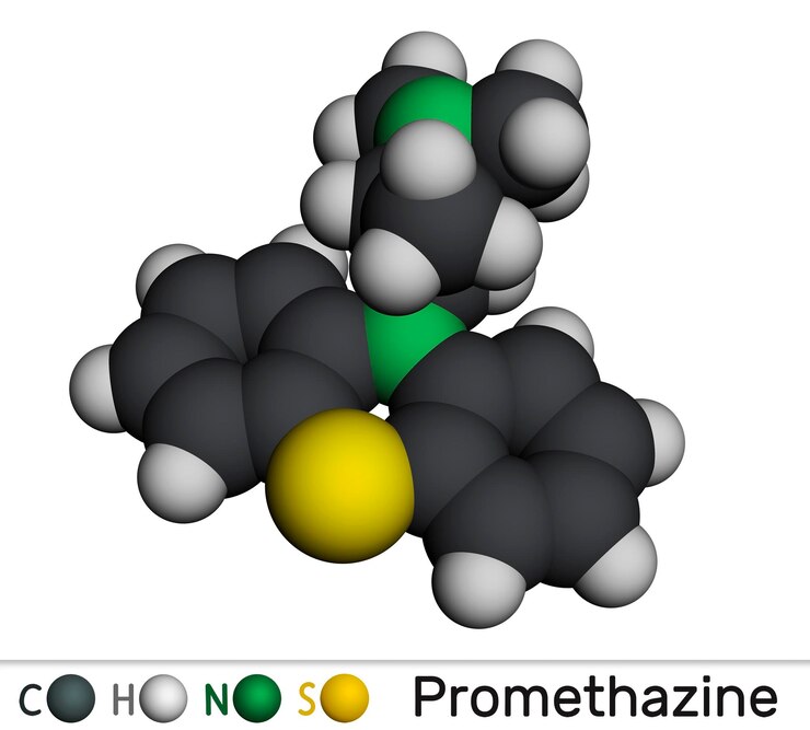 Foto molécula del fármaco antihistamínico prometazina modelo molecular en 3d