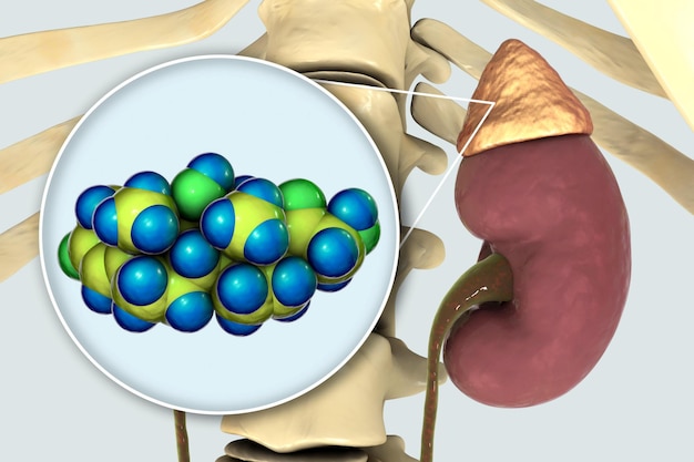 Foto molécula de la hormona cortisol y la glándula suprarrenal