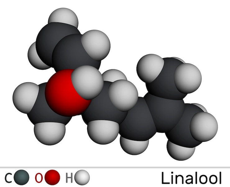 Foto molécula de linalool es alcohol terpeno modelo molecular en 3d